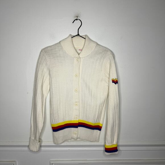 Vintage 1960s Bogner x Wonder Woman Cream Knit Cardigan Striped Womens Medium - Picture 1 of 10